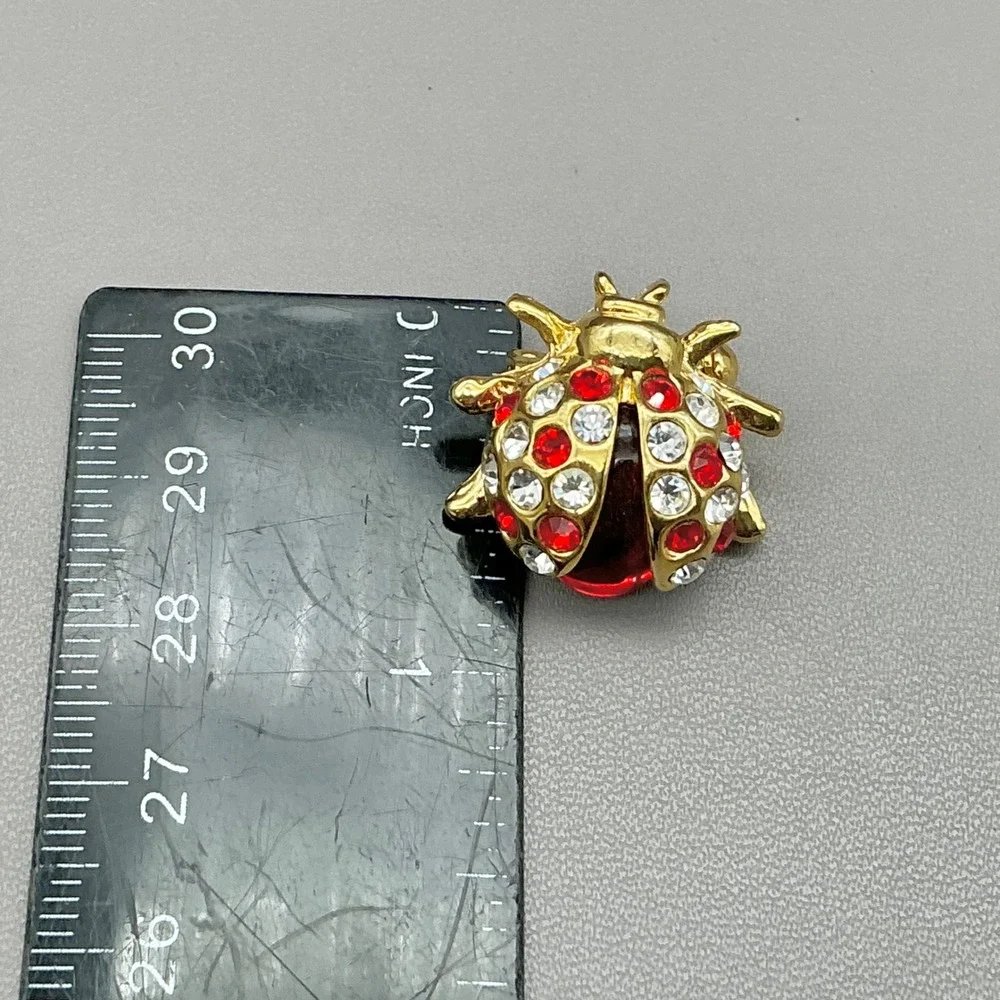 Ladybug Brooch Womens Gold Tone Red White Rhinestone Insect Animal Pin 0.75